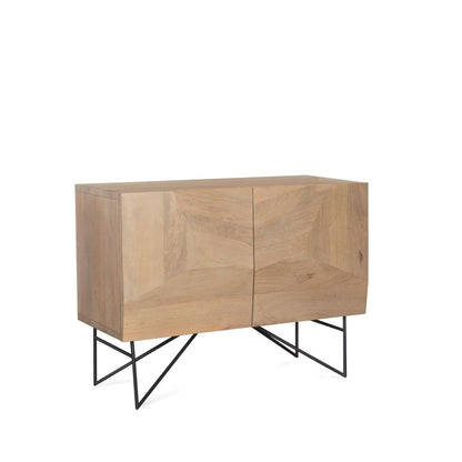 44" Natural and Black Solid Wood and Metal Carved Geometric Accent Cabinet With Two Doors HomeRoots