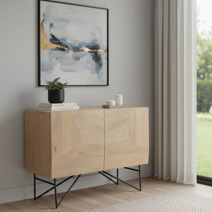 44" Natural and Black Solid Wood and Metal Carved Geometric Accent Cabinet With Two Doors HomeRoots