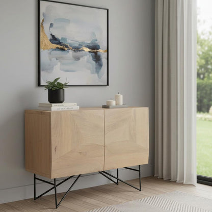 44" Natural and Black Solid Wood and Metal Carved Geometric Accent Cabinet With Two Doors HomeRoots