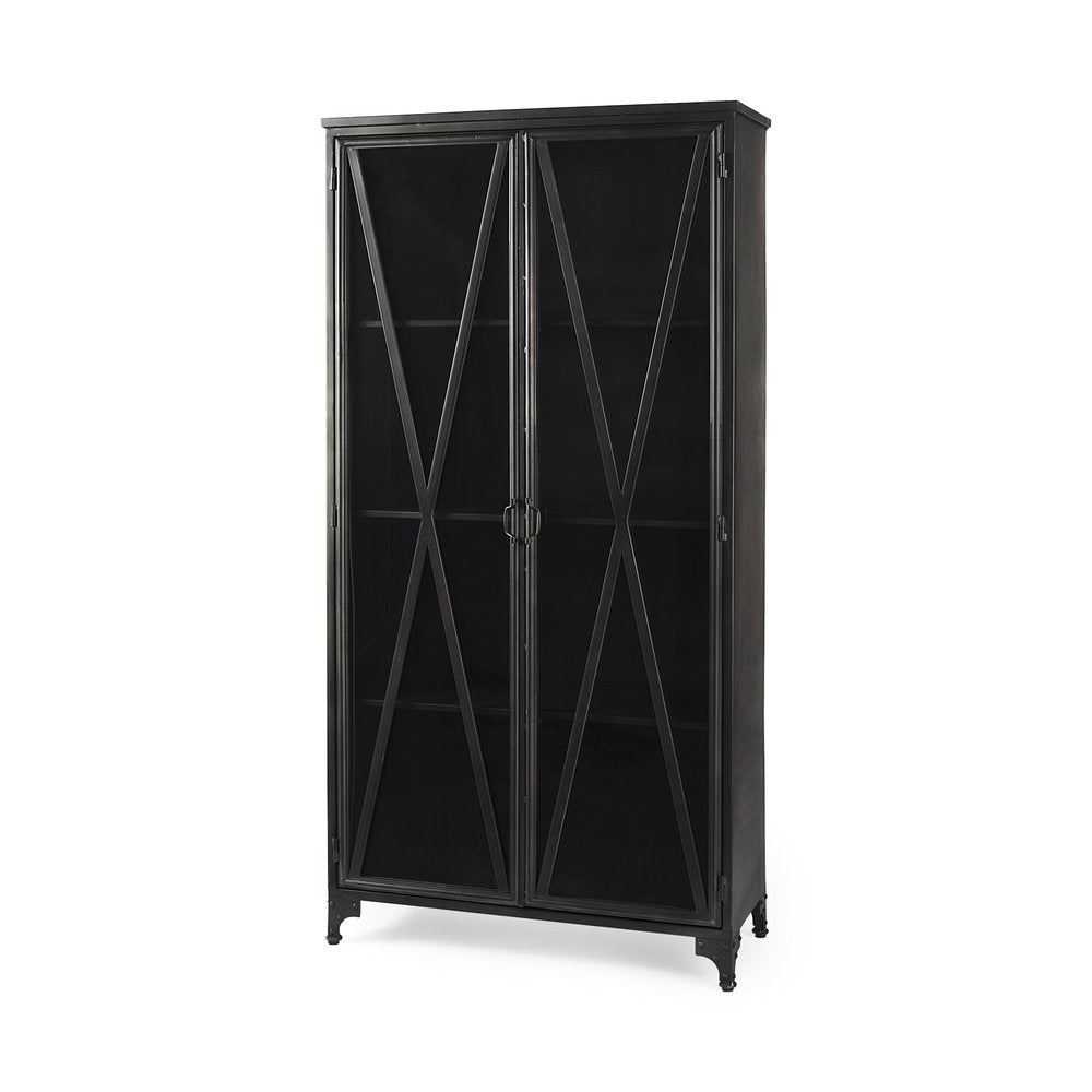 38" Black Glass and Metal Display Cabinet With Two Doors HomeRoots