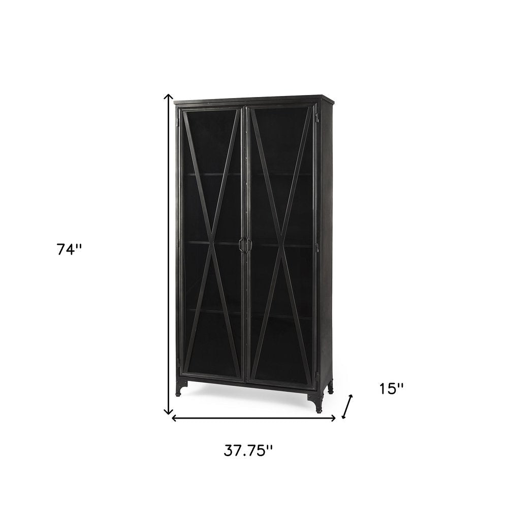 38" Black Glass and Metal Display Cabinet With Two Doors HomeRoots
