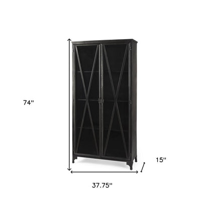 38" Black Glass and Metal Display Cabinet With Two Doors