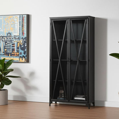 38" Black Glass and Metal Display Cabinet With Two Doors