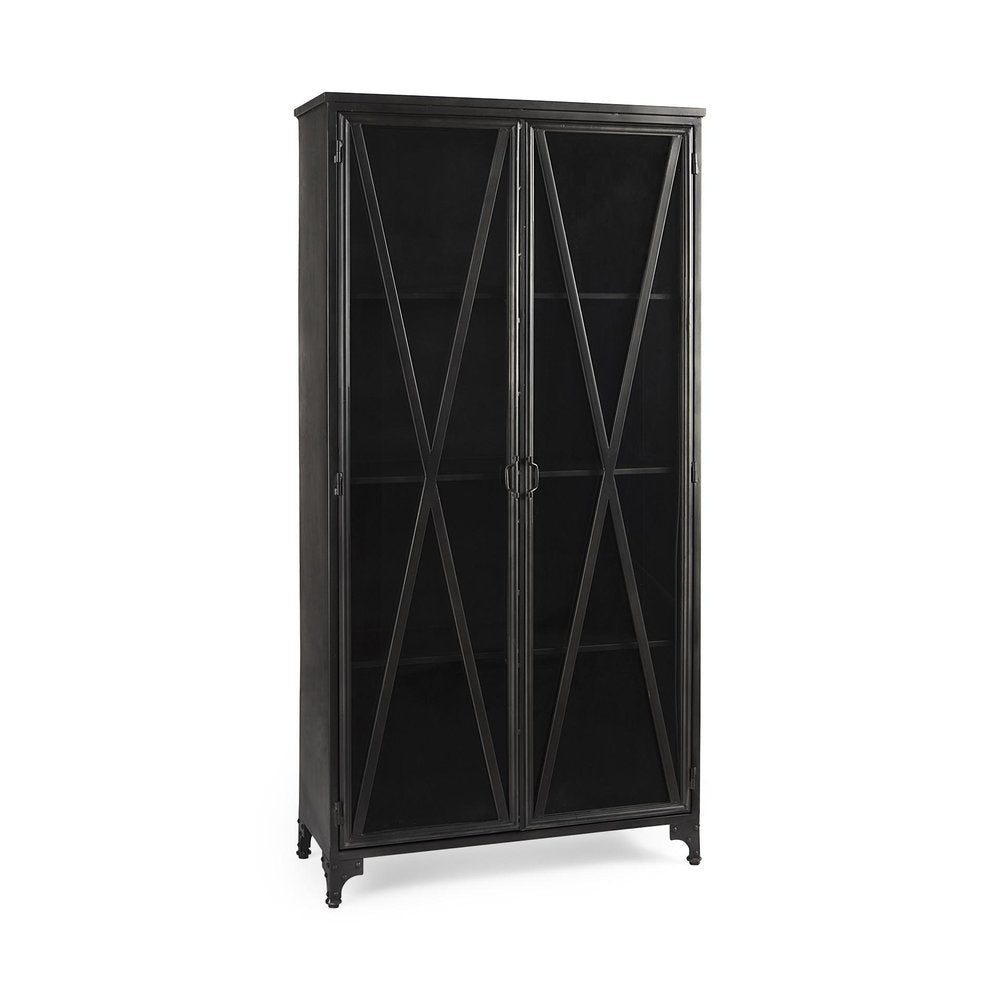 38" Black Glass and Metal Display Cabinet With Two Doors HomeRoots