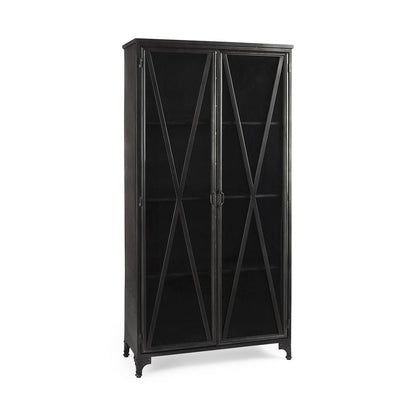 38" Black Glass and Metal Display Cabinet With Two Doors HomeRoots