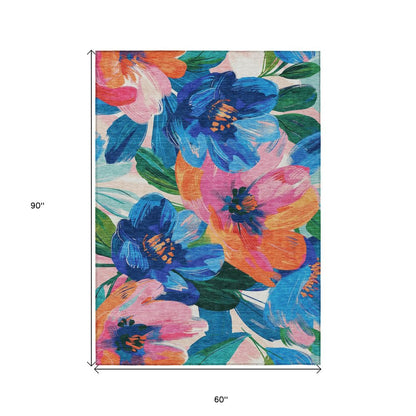 5' X 8' Navy Blue And Sky Blue Floral Washable Indoor Outdoor Area Rug HomeRoots