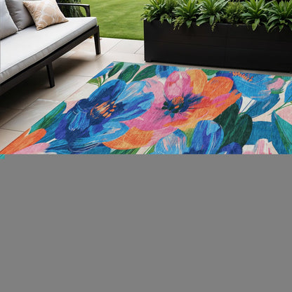 5' X 8' Navy Blue And Sky Blue Floral Washable Indoor Outdoor Area Rug HomeRoots