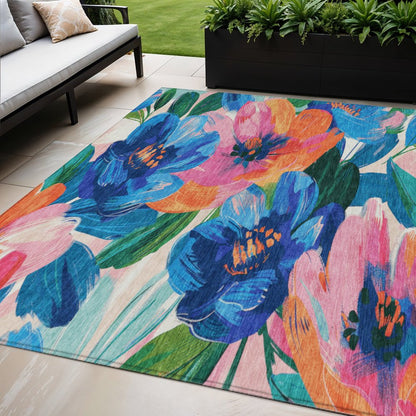 5' X 8' Navy Blue And Sky Blue Floral Washable Indoor Outdoor Area Rug HomeRoots