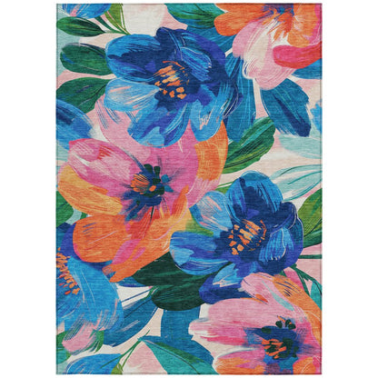 5' X 8' Navy Blue And Sky Blue Floral Washable Indoor Outdoor Area Rug HomeRoots