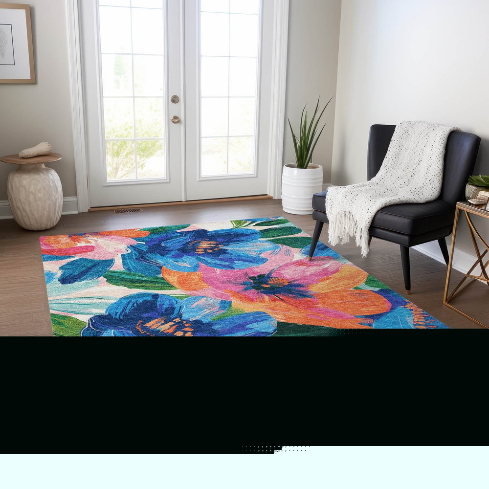 5' X 8' Navy Blue And Sky Blue Floral Washable Indoor Outdoor Area Rug HomeRoots