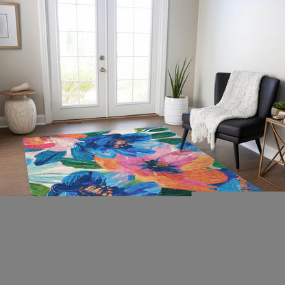 5' X 8' Navy Blue And Sky Blue Floral Washable Indoor Outdoor Area Rug HomeRoots