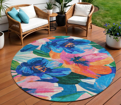 5' X 8' Navy Blue And Sky Blue Floral Washable Indoor Outdoor Area Rug HomeRoots