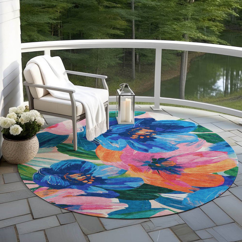 5' X 8' Navy Blue And Sky Blue Floral Washable Indoor Outdoor Area Rug — view 28