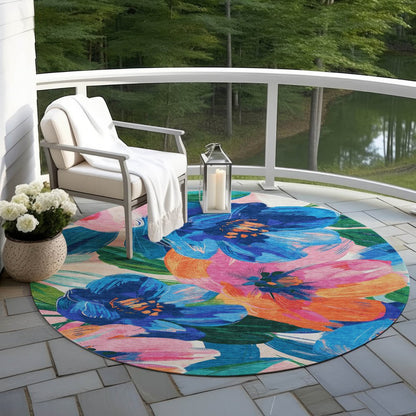 5' X 8' Navy Blue And Sky Blue Floral Washable Indoor Outdoor Area Rug HomeRoots
