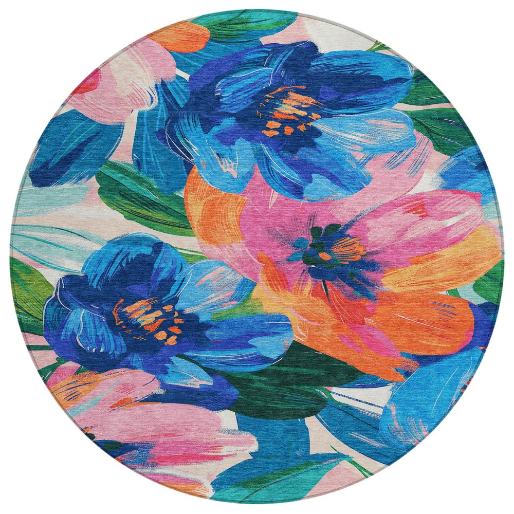 5' X 8' Navy Blue And Sky Blue Floral Washable Indoor Outdoor Area Rug HomeRoots