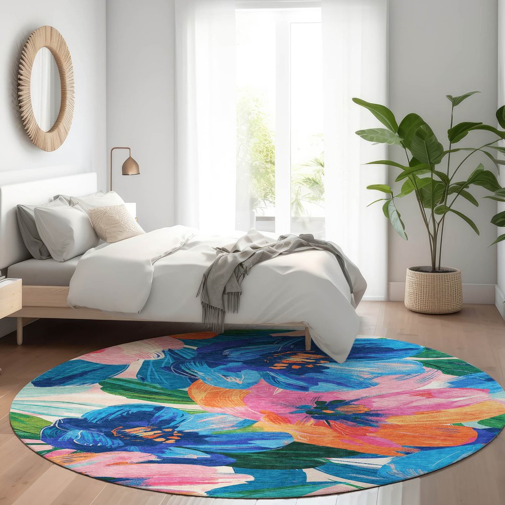 5' X 8' Navy Blue And Sky Blue Floral Washable Indoor Outdoor Area Rug HomeRoots