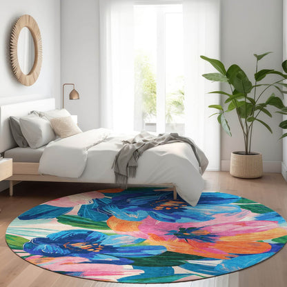 5' X 8' Navy Blue And Sky Blue Floral Washable Indoor Outdoor Area Rug HomeRoots