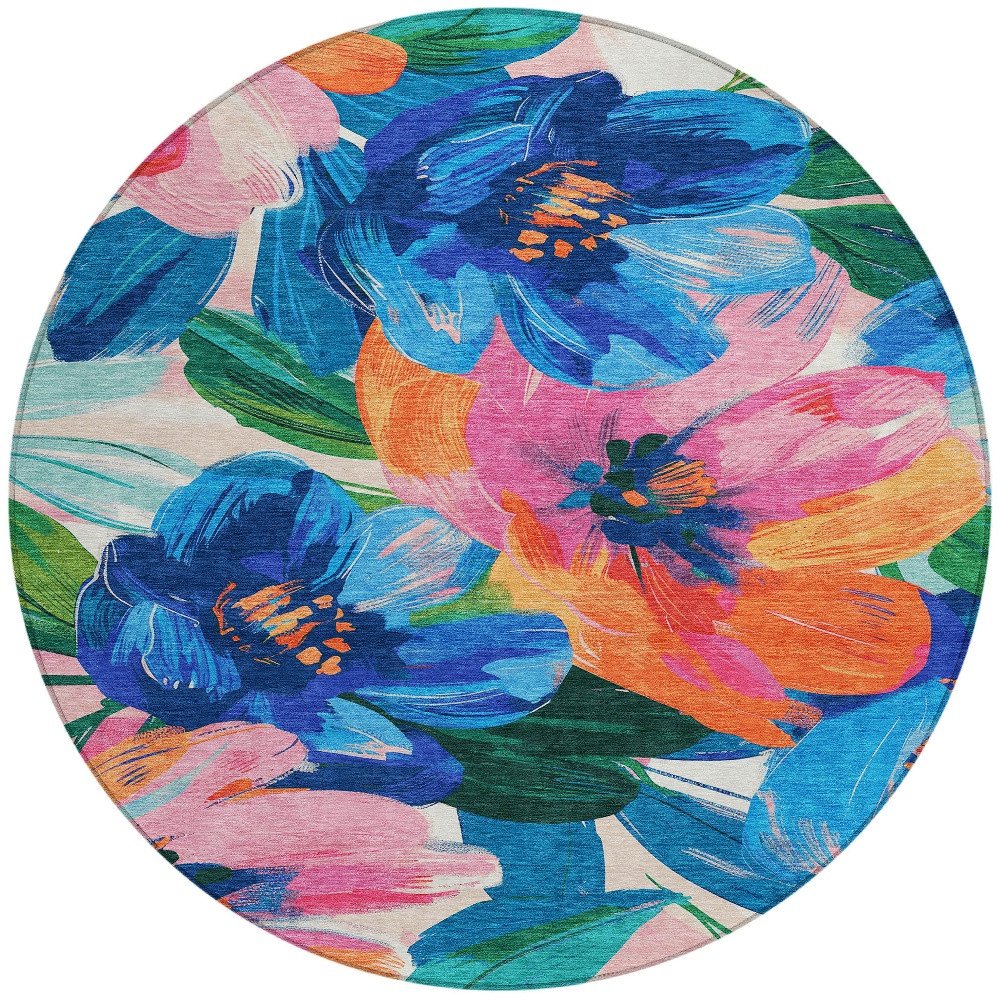 5' X 8' Navy Blue And Sky Blue Floral Washable Indoor Outdoor Area Rug — view 27