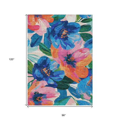 5' X 8' Navy Blue And Sky Blue Floral Washable Indoor Outdoor Area Rug HomeRoots