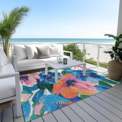 5' X 8' Navy Blue And Sky Blue Floral Washable Indoor Outdoor Area Rug HomeRoots