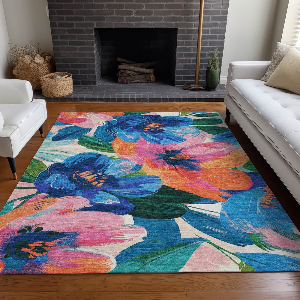 5' X 8' Navy Blue And Sky Blue Floral Washable Indoor Outdoor Area Rug — view 39