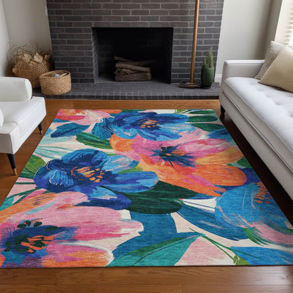 5' X 8' Navy Blue And Sky Blue Floral Washable Indoor Outdoor Area Rug HomeRoots