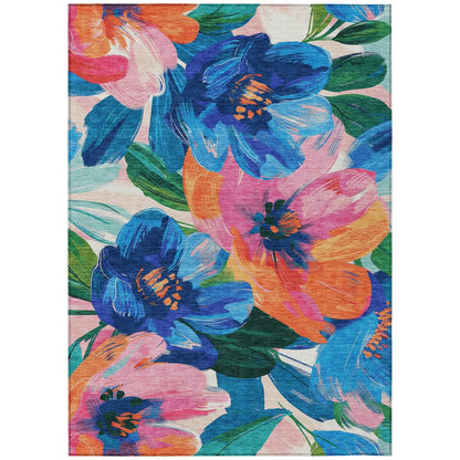 5' X 8' Navy Blue And Sky Blue Floral Washable Indoor Outdoor Area Rug HomeRoots