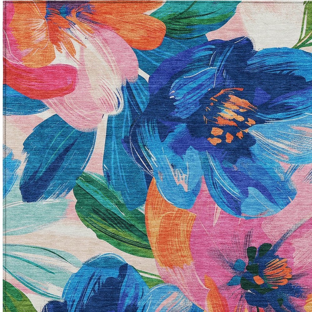 5' X 8' Navy Blue And Sky Blue Floral Washable Indoor Outdoor Area Rug HomeRoots