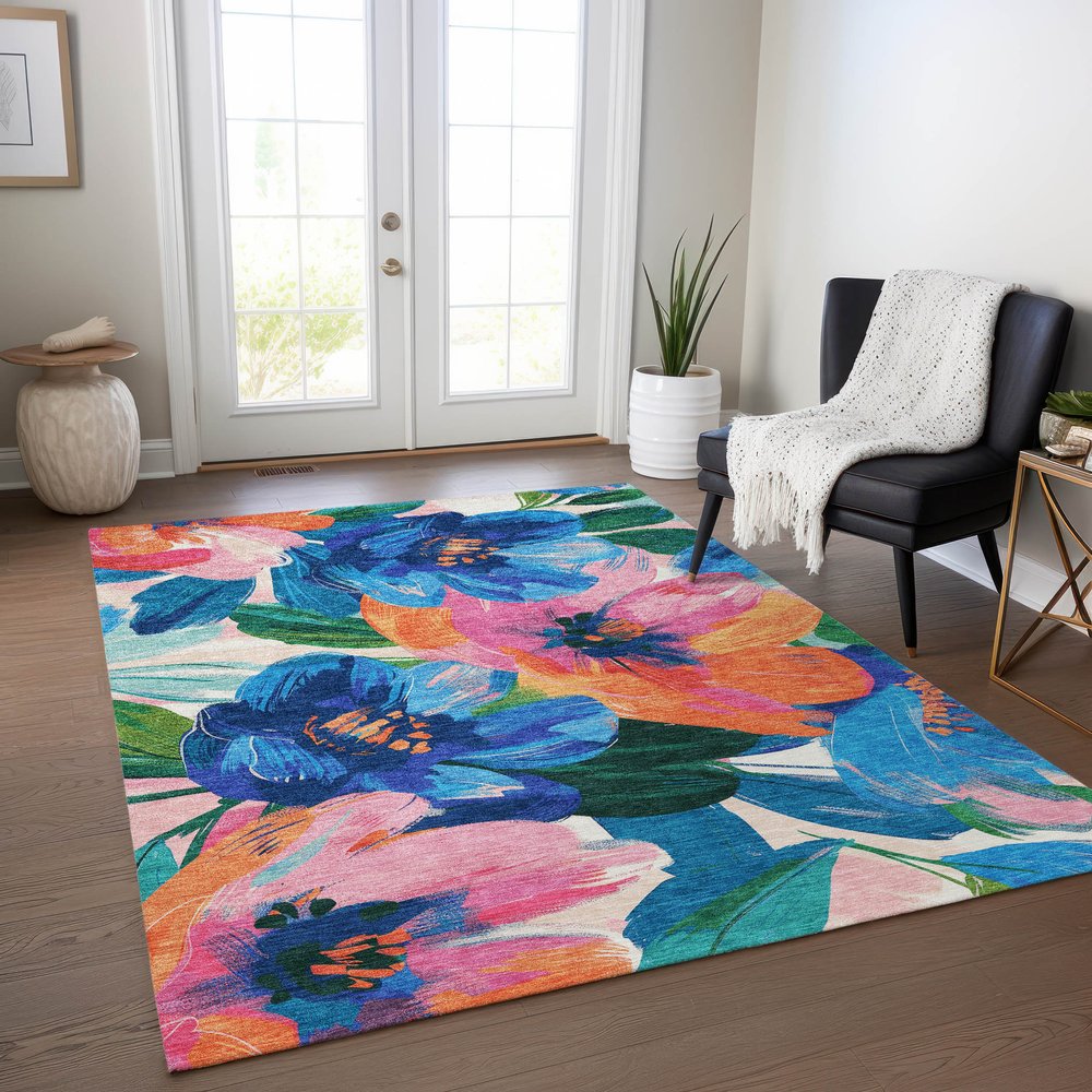 5' X 8' Navy Blue And Sky Blue Floral Washable Indoor Outdoor Area Rug HomeRoots