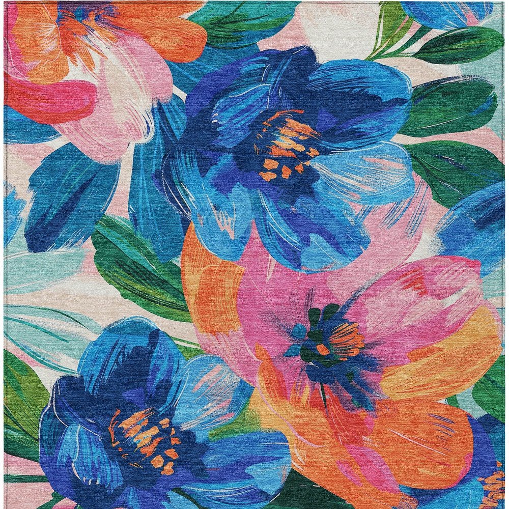 5' X 8' Navy Blue And Sky Blue Floral Washable Indoor Outdoor Area Rug HomeRoots