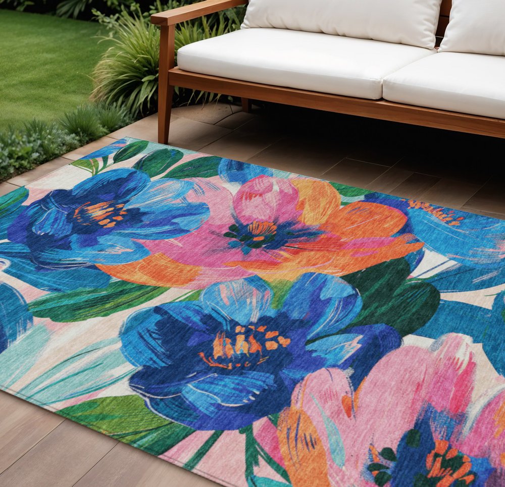 5' X 8' Navy Blue And Sky Blue Floral Washable Indoor Outdoor Area Rug HomeRoots