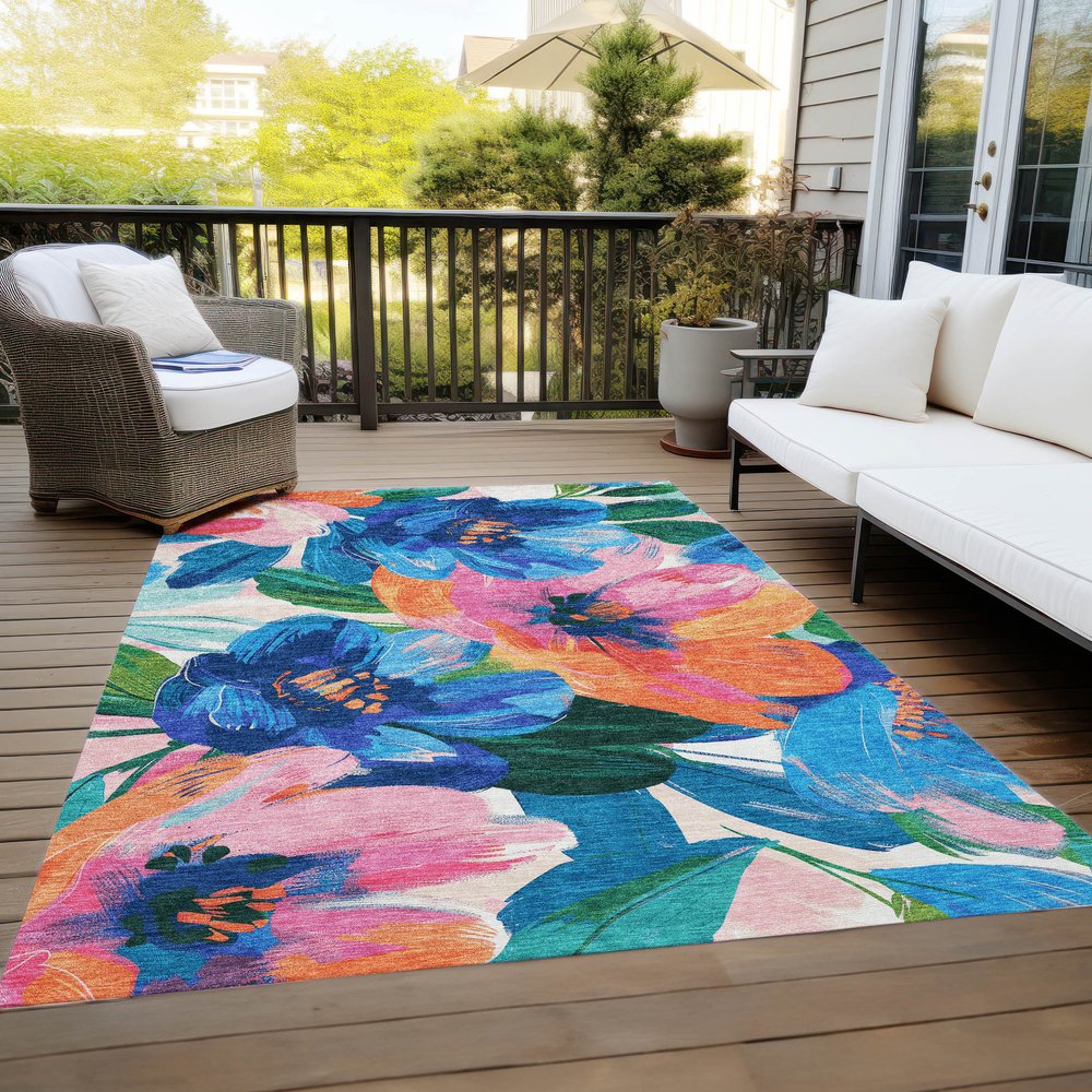 5' X 8' Navy Blue And Sky Blue Floral Washable Indoor Outdoor Area Rug HomeRoots