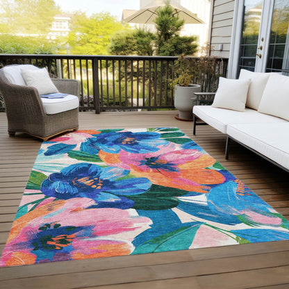 5' X 8' Navy Blue And Sky Blue Floral Washable Indoor Outdoor Area Rug HomeRoots
