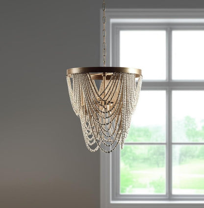 White And Gold Empire Three Light Metal and Beads Dimmable Chandelier HomeRoots