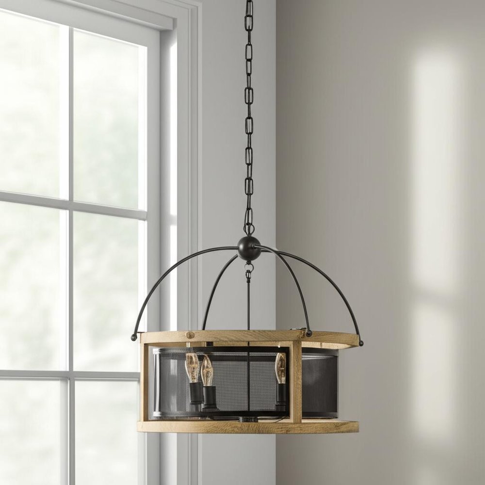 Black Caged Three Light Metal Dimmable Chandelier — view 5