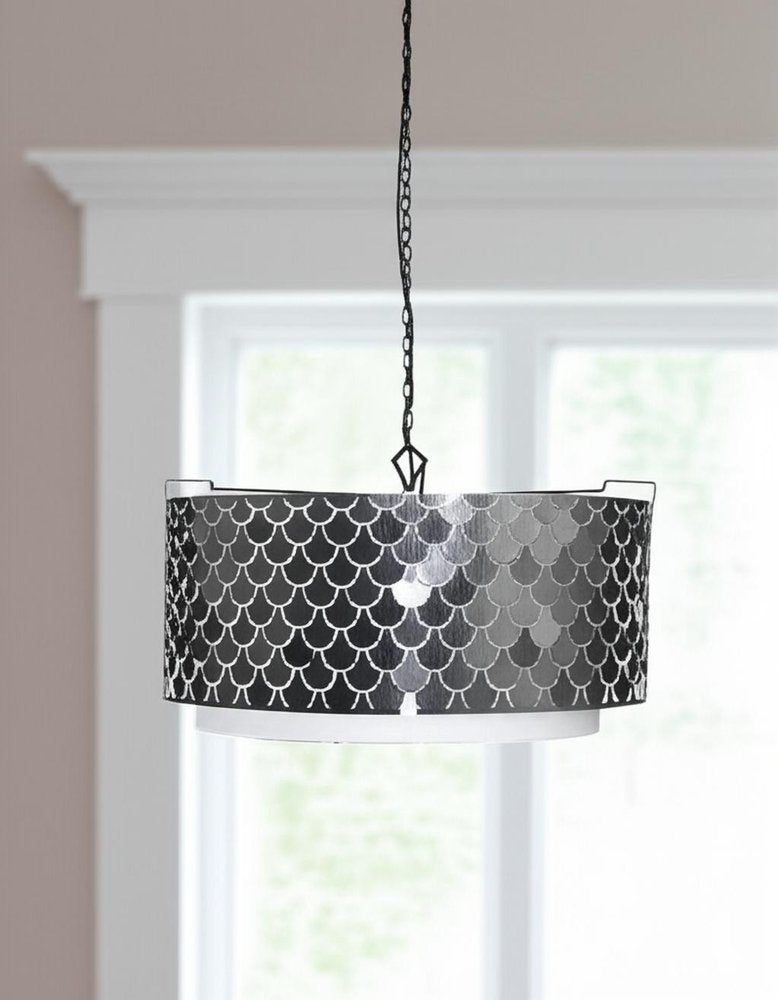 Charcoal Black And White Drum Metal Dimmable Chandelier With Black Shades — view 5