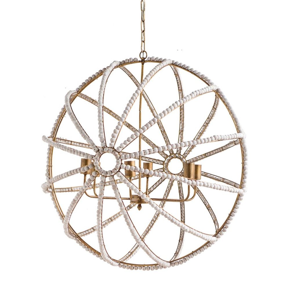 White And Gold Empire Six Light Metal and Beads Dimmable Chandelier — view 1