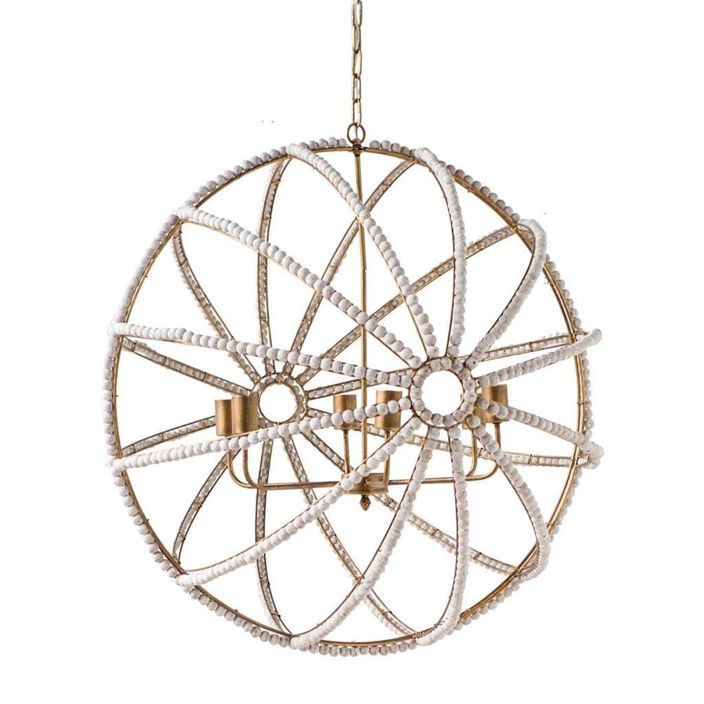 White And Gold Empire Six Light Metal and Beads Dimmable Chandelier HomeRoots