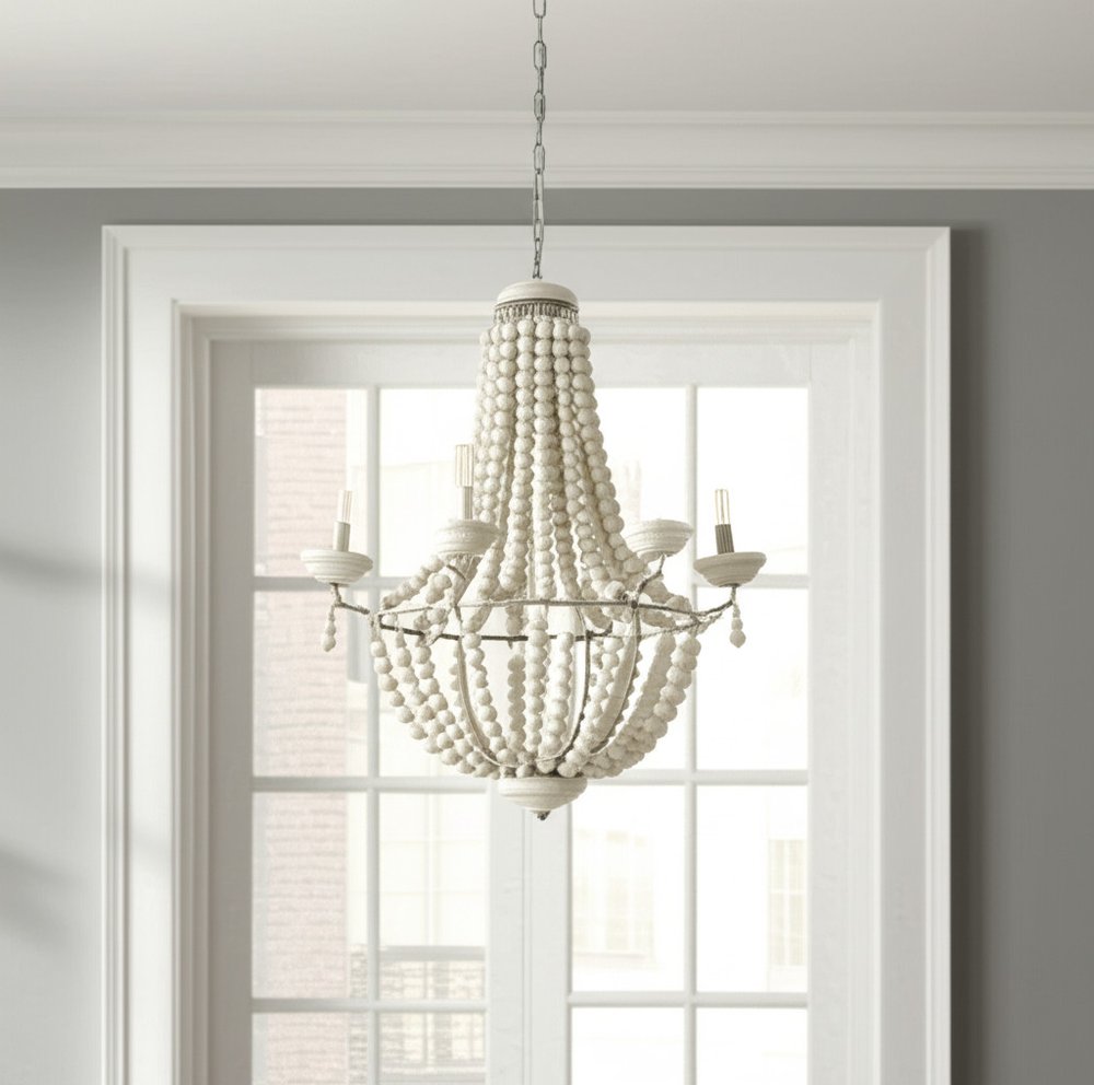 Silver And White Empire Six Light Metal and Beads Dimmable Chandelier — view 4