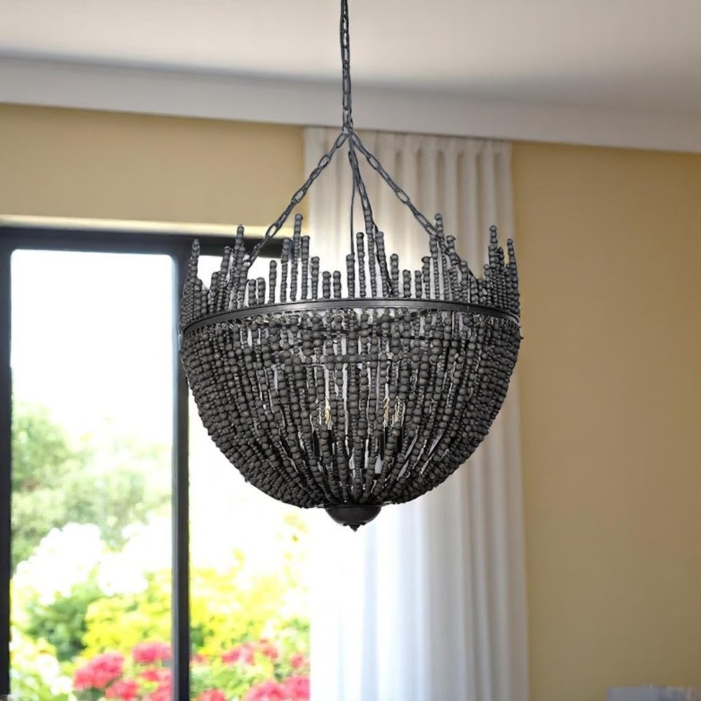 Black Unique Statement Four Light Metal and Beads Dimmable Chandelier — view 5