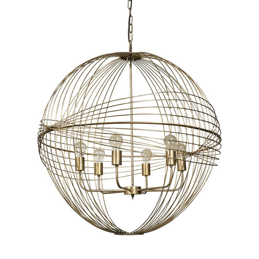 Gold Caged Six Light Metal and Glass Dimmable Chandelier With Gold Shades
