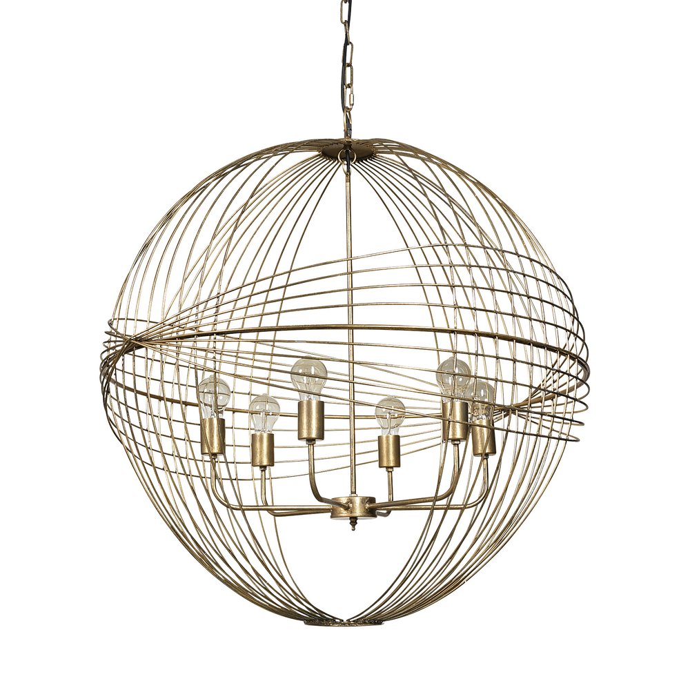 Gold Caged Six Light Metal and Glass Dimmable Chandelier With Gold Shades HomeRoots