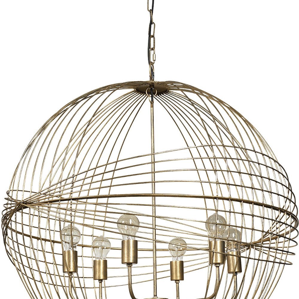Gold Caged Six Light Metal and Glass Dimmable Chandelier With Gold Shades HomeRoots