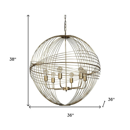 Gold Caged Six Light Metal and Glass Dimmable Chandelier With Gold Shades HomeRoots