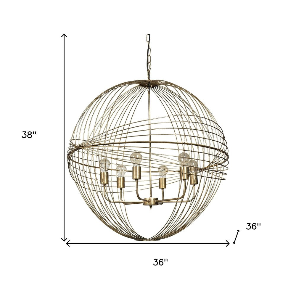 Gold Caged Six Light Metal and Glass Dimmable Chandelier With Gold Shades HomeRoots