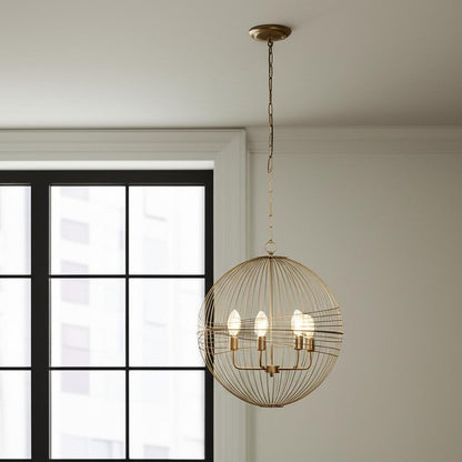 Gold Caged Six Light Metal and Glass Dimmable Chandelier With Gold Shades HomeRoots