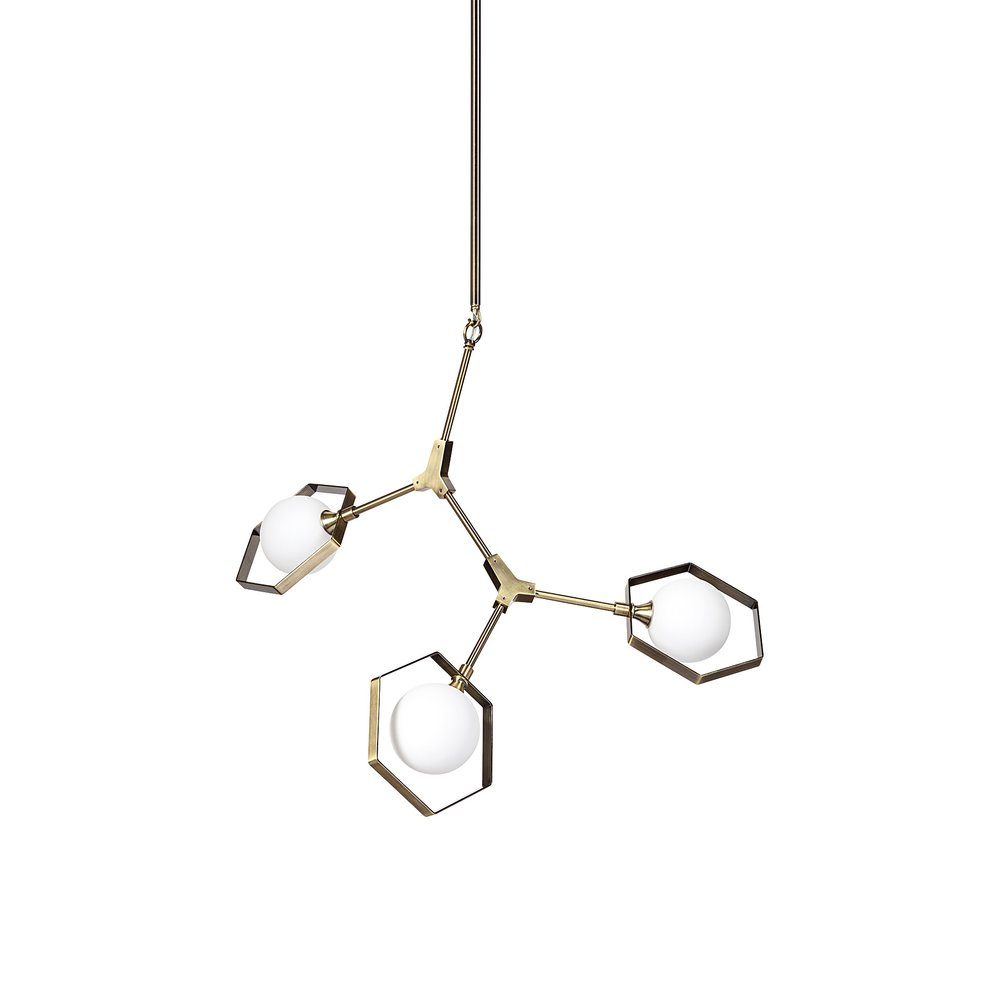 Champagne Unique Statement Three Light Metal and Glass Dimmable Chandelier With White Shades — view 1