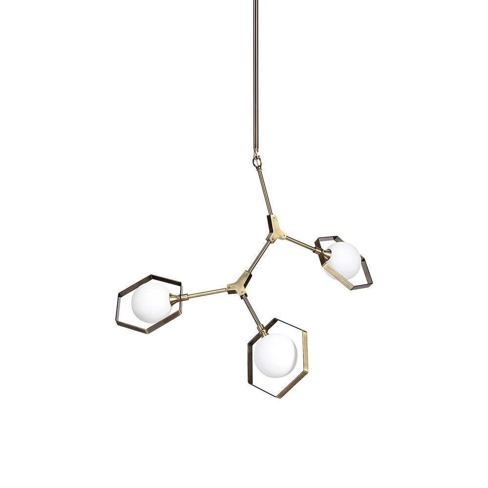 Champagne Unique Statement Three Light Metal and Glass Dimmable Chandelier With White Shades — view 2
