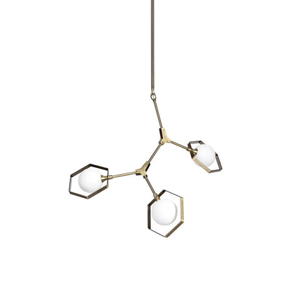 Champagne Unique Statement Three Light Metal and Glass Dimmable Chandelier With White Shades