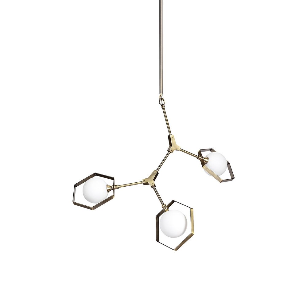 Champagne Unique Statement Three Light Metal and Glass Dimmable Chandelier With White Shades
